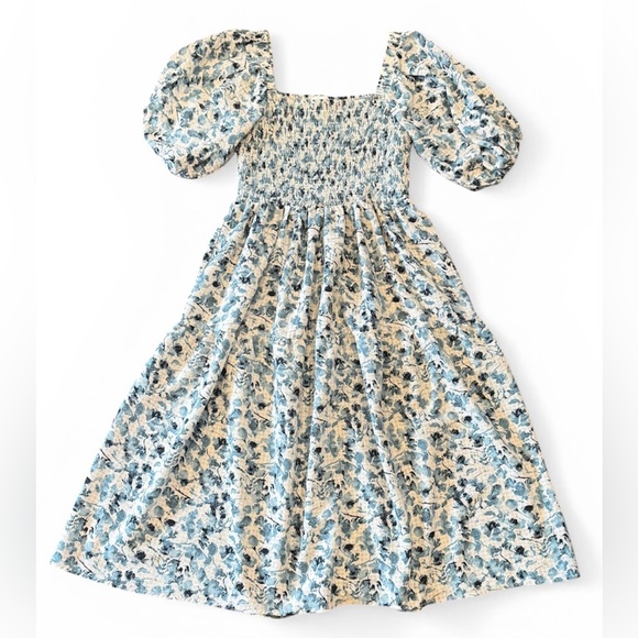 Oddi Women’s Puff Sleeve Smocked Tiered Midi Dress in Blue & White Floral XL - Picture 3 of 8